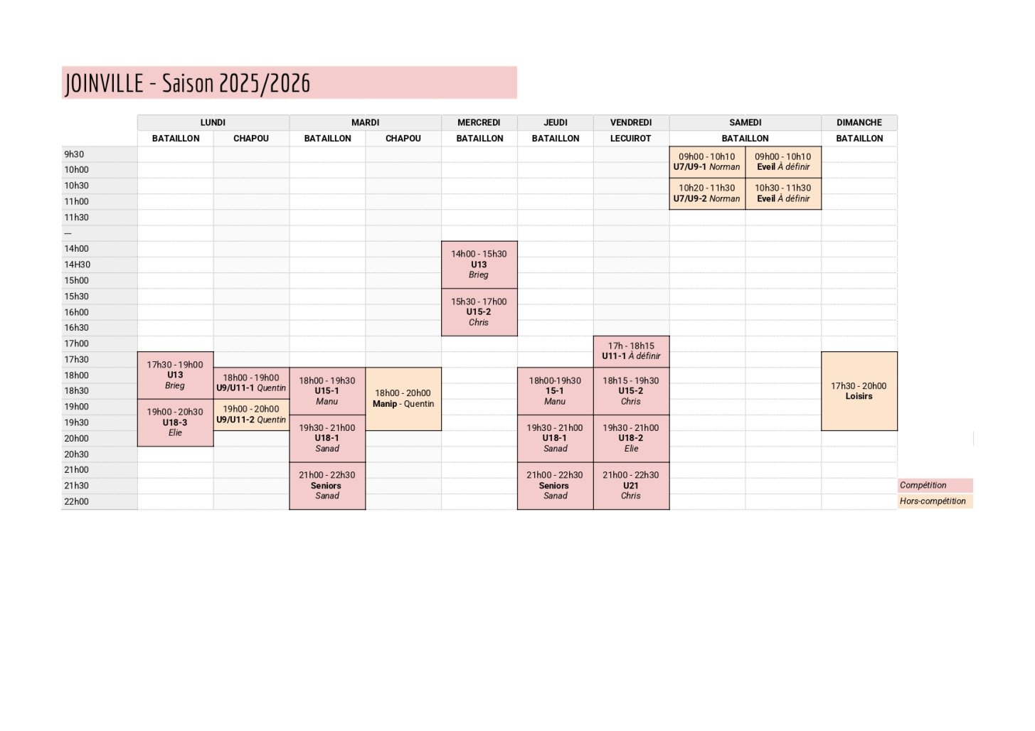 Planning des entraînements